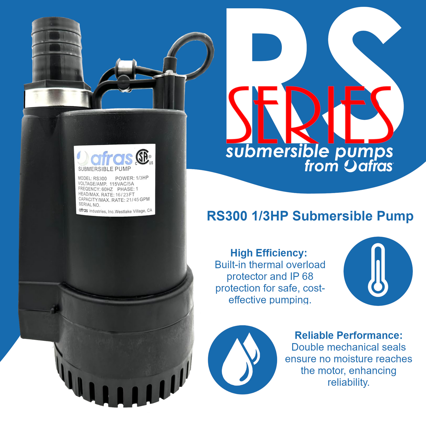 Afras RS300 1/3HP Submersible Pool Pump