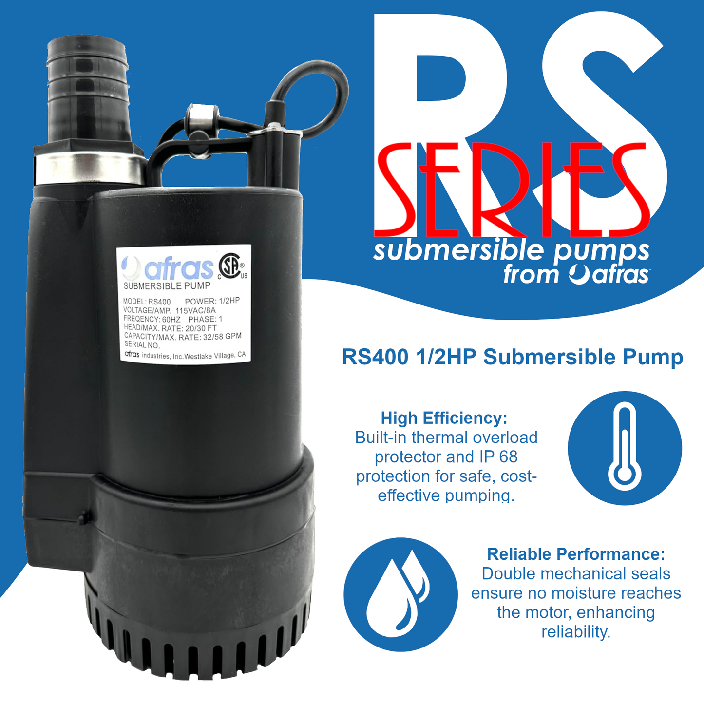 Afras RS400 1/2HP Submersible Pool Pump